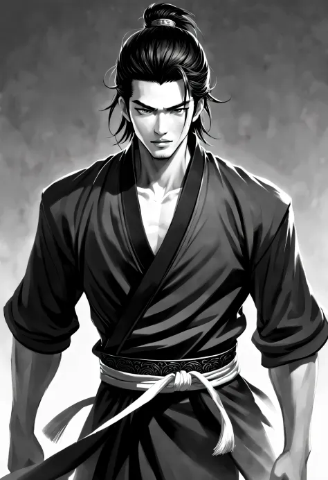 （male character design），Half body photo，（）Close-up of front view of handsome Chinese man Pan An in black and white），（very long, ...