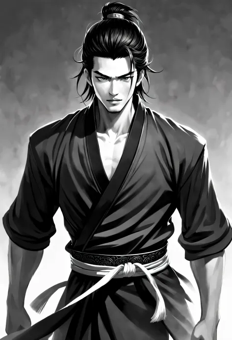 （male character design），half body photo，（）close-up of front view of handsome chinese man pan an in black and white），（very long, ...