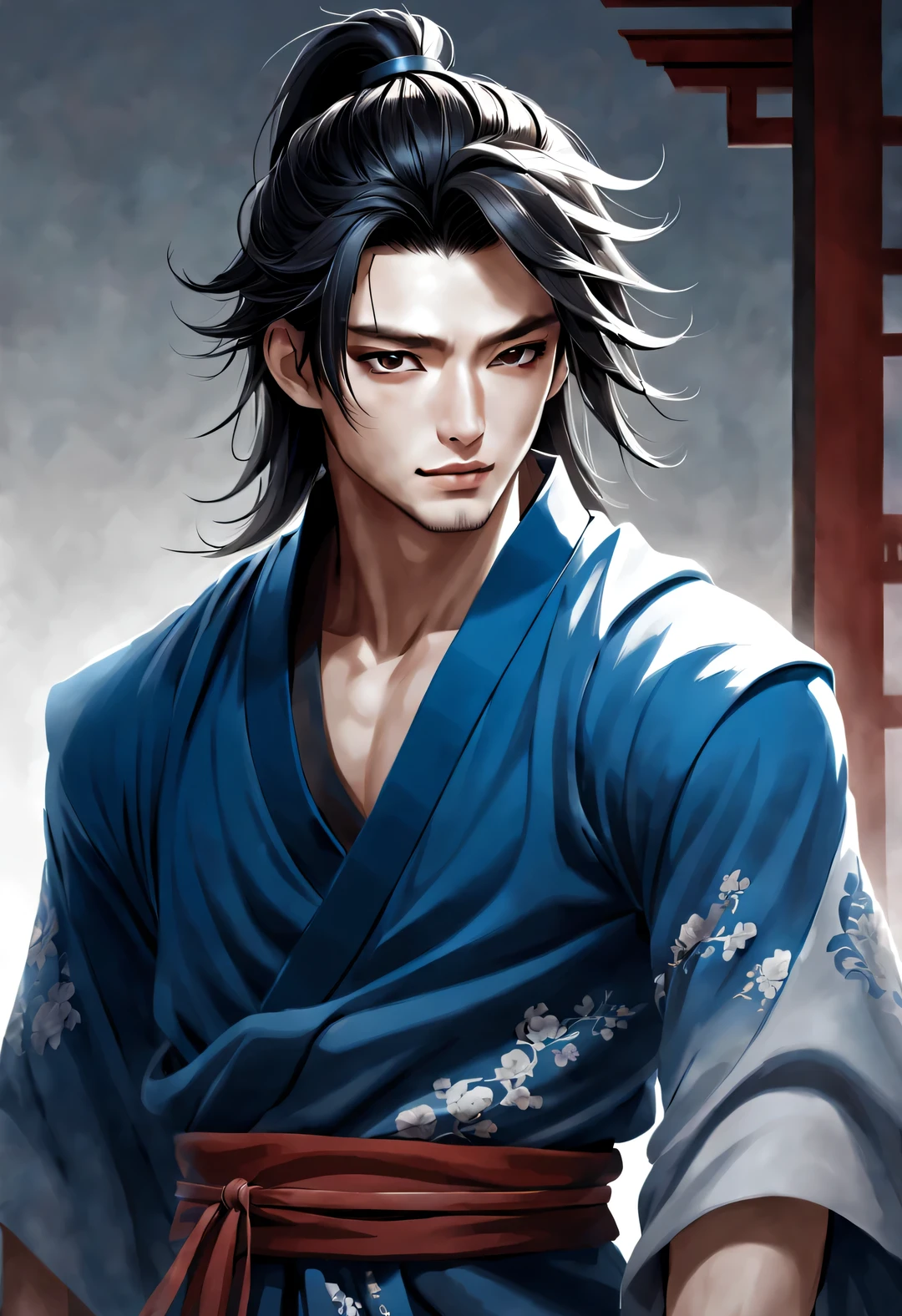 （male character design），Half body photo，（）Close-up of front view of handsome Chinese man Pan An in black and white），（very long, Messy shawl hair：1.1）Pan An wears a modern blue sweater，Toned muscles），Fresh and toned abs），（Pan An’s skin is fair and flawless），Delicious food with red lips and white teeth，The bridge of his nose is high and straight，double eyelids, bright eyes, Clear, bright, big eyes，long eyelashes，gentle melancholy，He has a tall stature、Fit in size，Exquisite facial features，sad prince，Kingly style，Noble temperament，Inspired by Chinese actor Hu Ge，black and white，Chinese ink painting，black and white插画，Surrealism，HD，