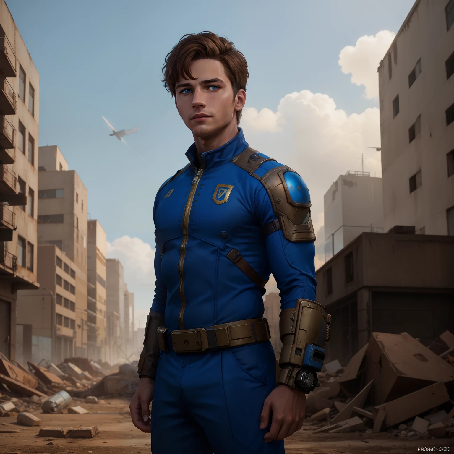 young man, short brown hair, blue eyes, wearing vaultsuit with pipboy3000, standing in a ruined city, upper body shot, professionally color graded, professional photography, well drawn, masterpiece, hyper realistic, ultra detailed, high quality, best quality, 4k, 8k, raw