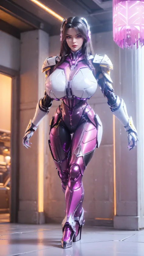 A beauty girl with black hair, (HYPER-REALISTIC:1.5), (PHOENIX GOLD HELM:1.1), (MUSCULAR BODY SHAPE,HUGE FAKE BREAST:1.5), (CLEAVAGE:1.5), (MUSCLE ABS:1.3), (MECHA GUARD ARMS:1.1), ((MAGENTA SHINY FUTURISTIC MECHA CROP TOP, BLACK MECHA SKINTIGHT LEGGINGS, ...
