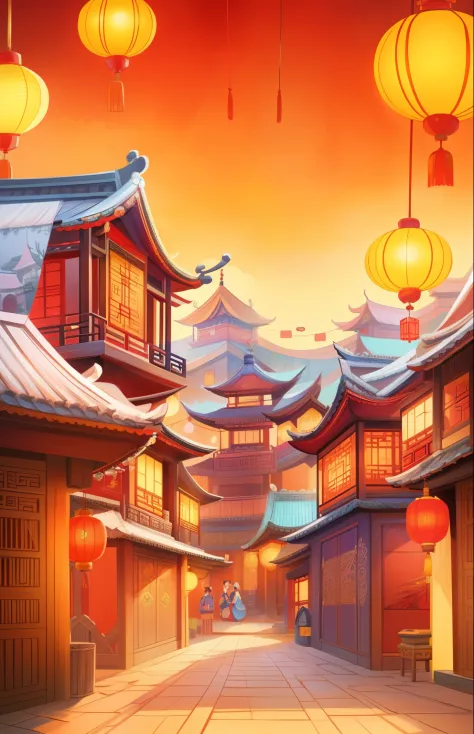 there are many lanterns hanging from the ceiling of a china village, Dream China Town, rossdraws global illumination, by Artie G...
