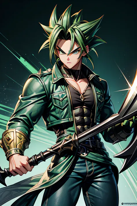 Highly detailed, (masterpiece), best quality, expressive eyes, perfect face, 1boy, spiked hair, raising hair, Super_Saiyan hair, Green hair, green eyes, extreme huge body, aesthetic body-builder body, Green leather Jacket & Jeans, Holding a Gigantic Battle...