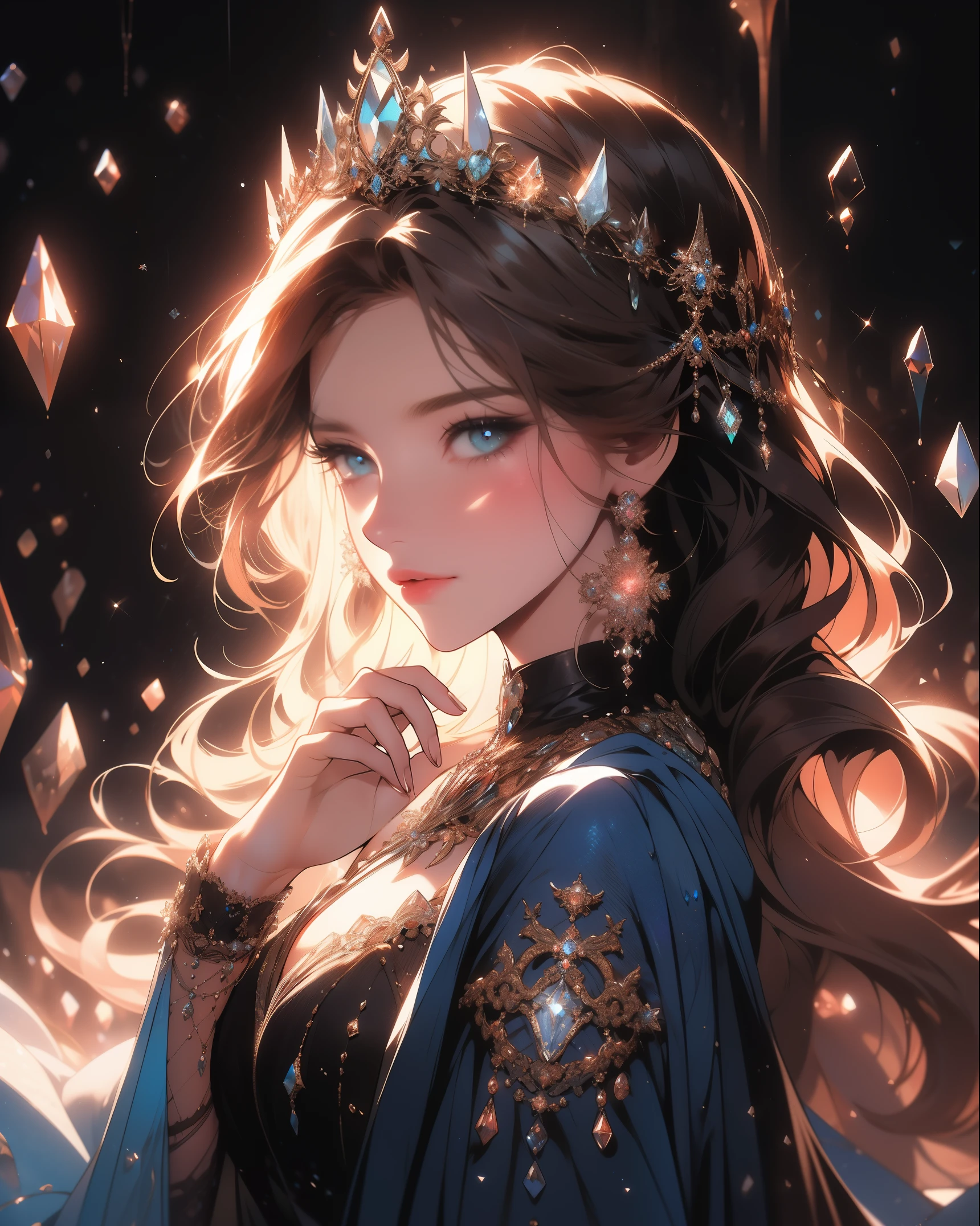 (absurdres, highres, ultra detailed), 1woman, mature female, aged up, wavy long hair, auburn hair, coral eyes, bangs, long sleeves, finely detailed eyes and detailed face, extremely detailed CG unity 8k wallpaper, intricate details, (style-swirlmagic:1.0),  looking at viewer, solo, upper body, detailed background, close up,  detailed face, (gothic dark ages theme:1.1), crystal sorcerer,  dynamic pose, earth themed clothes, crystal crown,  floating in the air, glowing magical shards, surrounded by blue magical crystals,  rock formations, stalactites,  magical floating particles, crystal glass,  crystal sphere, crystal canyon background, (shallow water:0.7),  epic ethereal atmosphere,   updraft,, portrait
