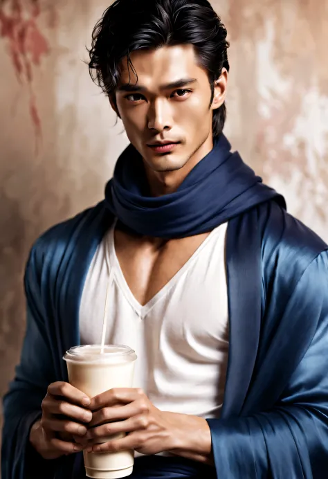 （male character design），（Half-length close-up），（Melancholy and handsome Chinese man Pan An holds milk tea），（very long, Messy shawl hair：1.1）（Pan An wears blue jeans, modern and fashionable：0.8），（Toned muscles），（Fresh and toned abs），（Pan An’s skin is fair a...