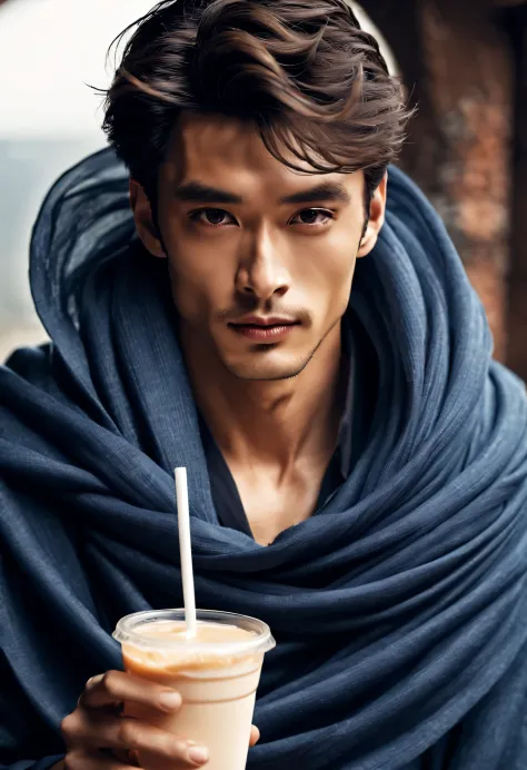 （male character design），（Half-length close-up），（Melancholy Chinese handsome man Pan An is delivering milk tea），（very long, Messy shawl hair：1.1）（Pan An wears blue jeans, modern and fashionable：0.8），（Toned muscles），（Fresh and toned abs），（Pan An’s skin is fa...