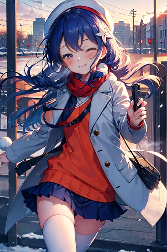 highest quality, masterpiece, high resolution, alone, {sonoda_ocean_lovelive:1.15}, 青hair，長いhair，後ろhairを丸く纏めてる，knit hat， 黄色eye, ...