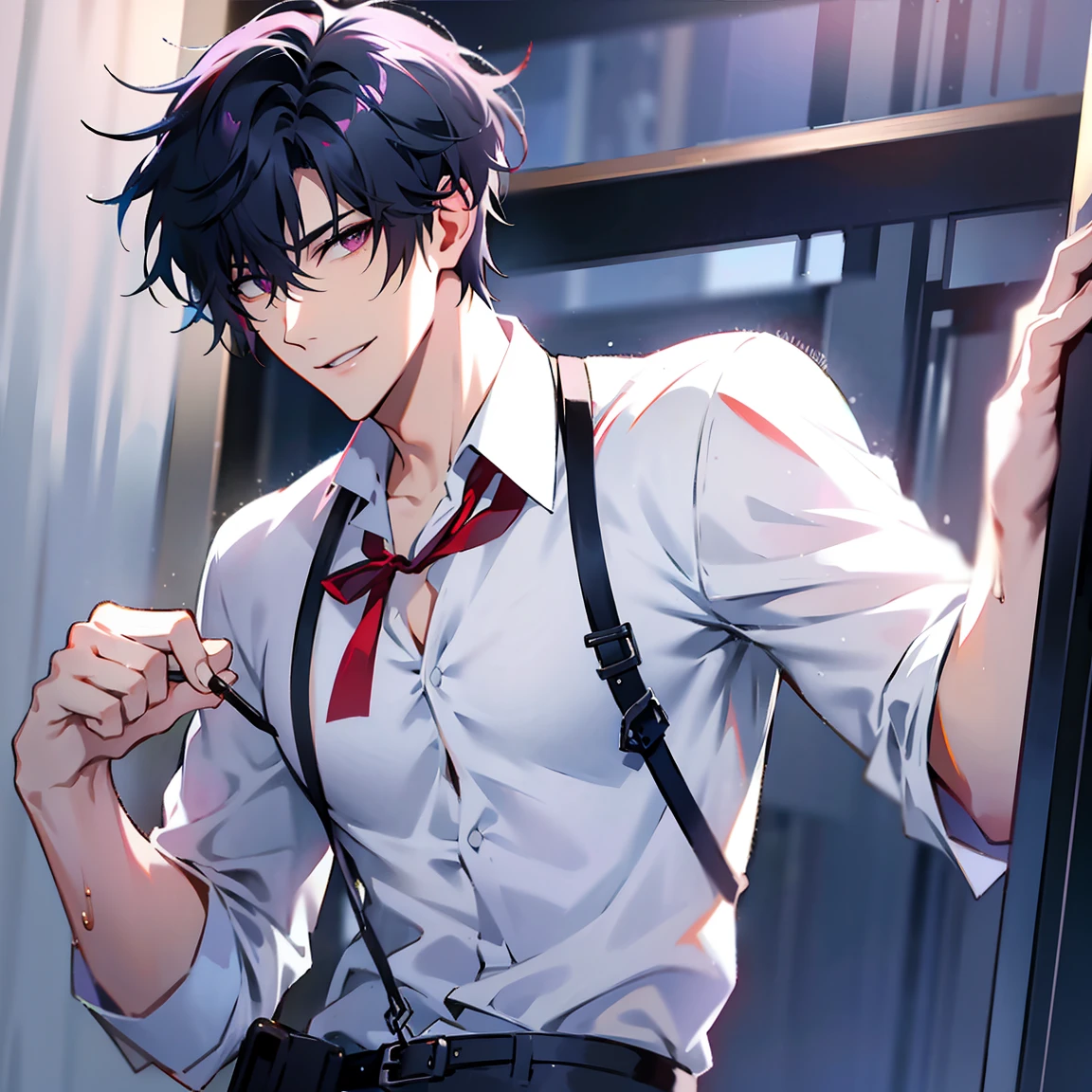 1 boy, solo, short hair, black hair, asymmetrical fringe, purple eyes, (mature male, mature:1.2), (pixiv:1.4), handsome, sharp eyes, male focus, high quality, masterpiece, navy blue dress shirt, necklace, suspenders, smile, toned body