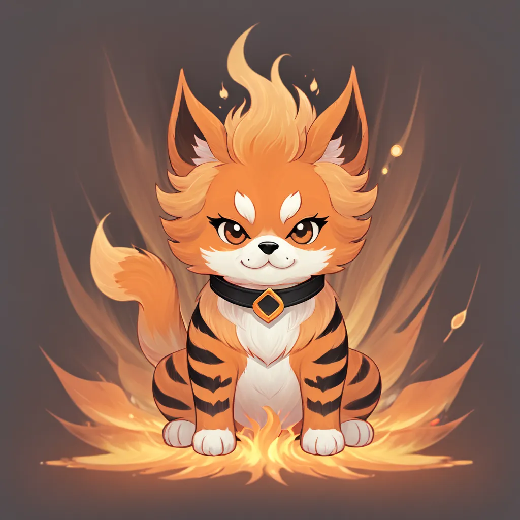 cute fluffy orange with black stripes puppy fu dog sitting in the mist of a flare fire swirling all around, in card art style
