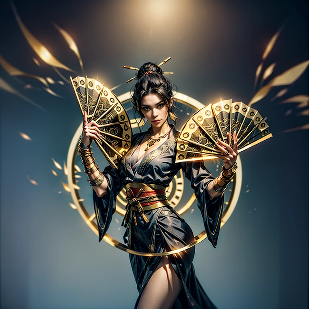 Queen, beautiful, necklace, black hair in 1 top knot,2 hair pins,sexy, design on clothes,milf,design on clothes,milf,form fitting kimono type clothes,plain kimono, red-mehroon fans, gold patterns,high quality,8k, slight smile, villainess , bandaged hands, red kimono:1.4, red black outfit with gold highlights, blank background 