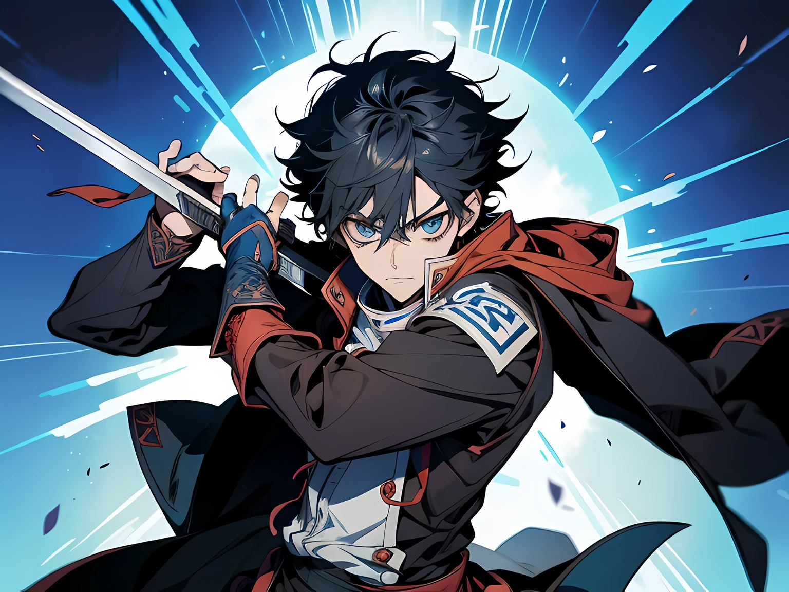 (1 man) anime character with sword in hand and blue background, trigger anime artstyle, tall anime guy with blue eyes, inspired by Okumura Masanobu, anime fencer, key anime art, an edgy teen assassin, demon slayer art, inspired by Okumura Togyu, kentaro miura manga art style, handsome anime pose