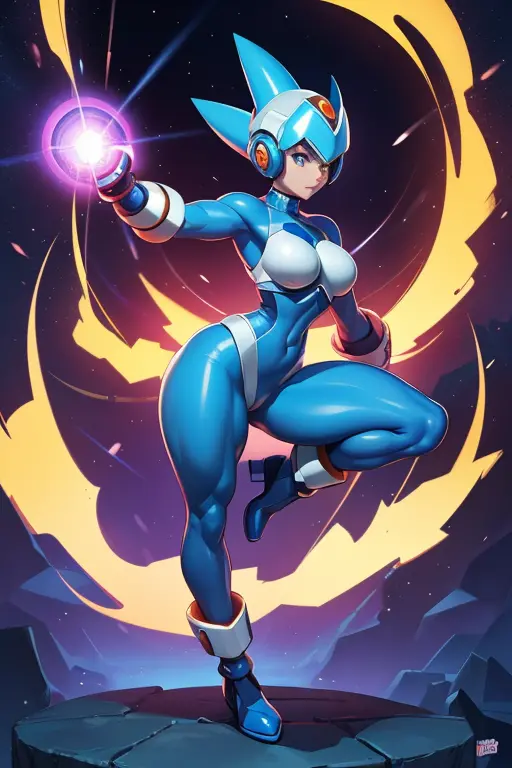 Female Megaman, charged up her arm cannon, stands in a dynamic pose, ready to unleash the powerful energy pulsating through her ...