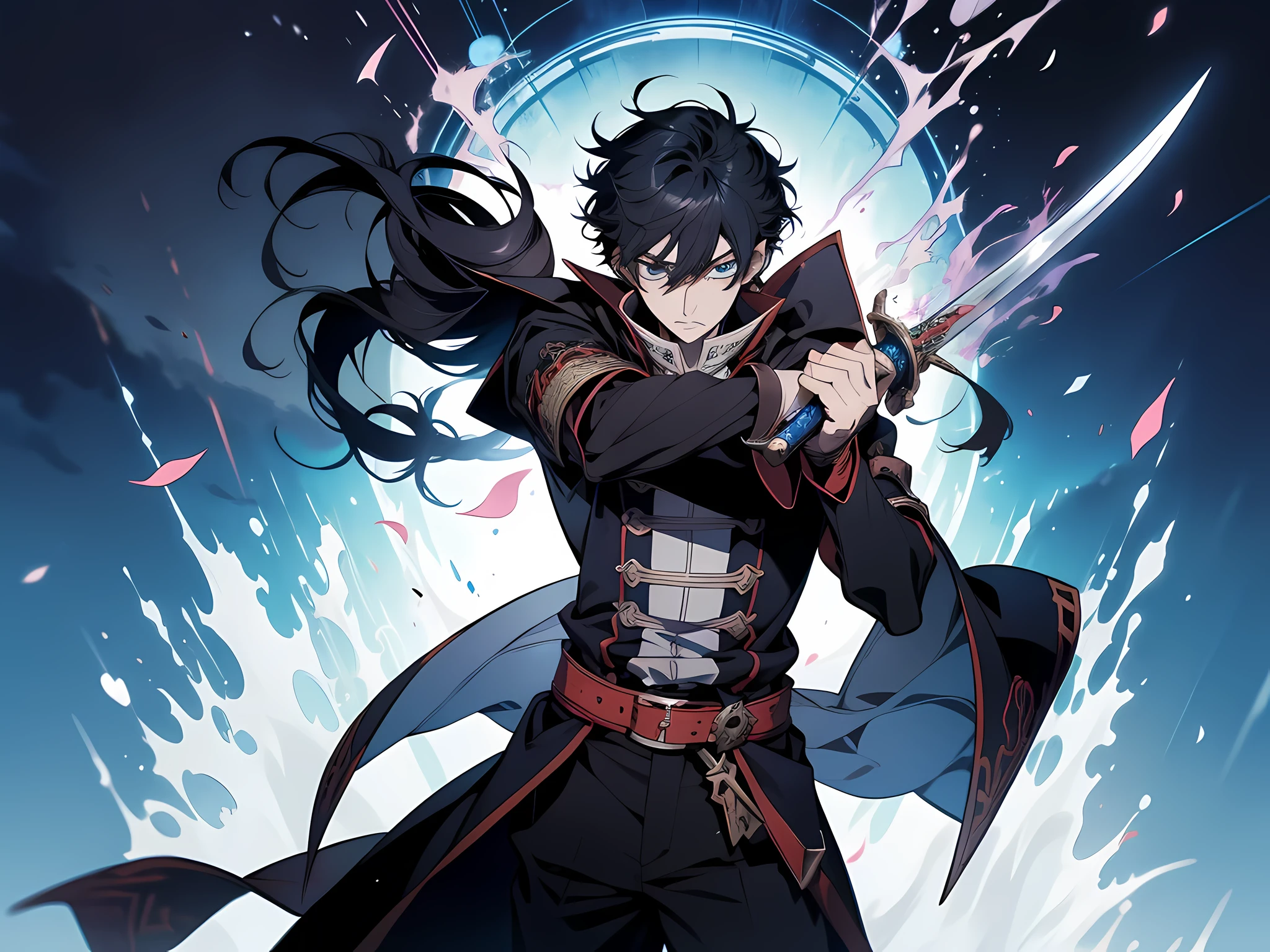 (1 man) anime character with sword in hand and blue background, trigger anime artstyle, tall anime guy with blue eyes, inspired by Okumura Masanobu, anime fencer, key anime art, an edgy teen assassin, demon slayer art, inspired by Okumura Togyu, kentaro miura manga art style, handsome anime pose
