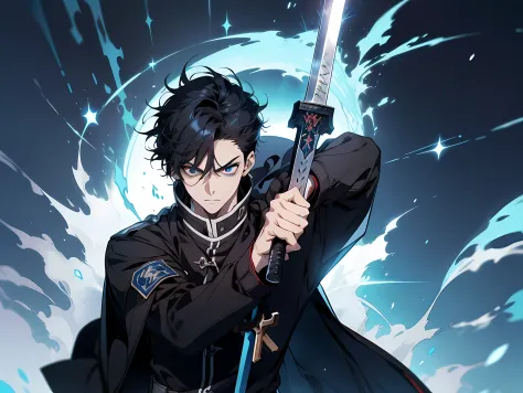 (1 man) anime character with sword in hand and blue background, black hair, short hair, blue eye color, tall guy, anime fencer, ...