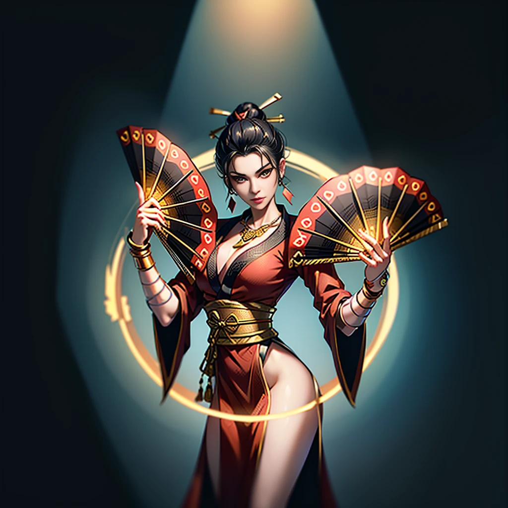 Queen, beautiful, necklace, black hair in 1 top knot,2 hair pins,sexy, design on clothes,milf,design on clothes,milf,form fitting kimono type clothes,plain kimono, red-mehroon fans, gold patterns,high quality,8k, slight smile, villainess , bandaged hands, red kimono:1.4, red black outfit with gold highlights, blank background 