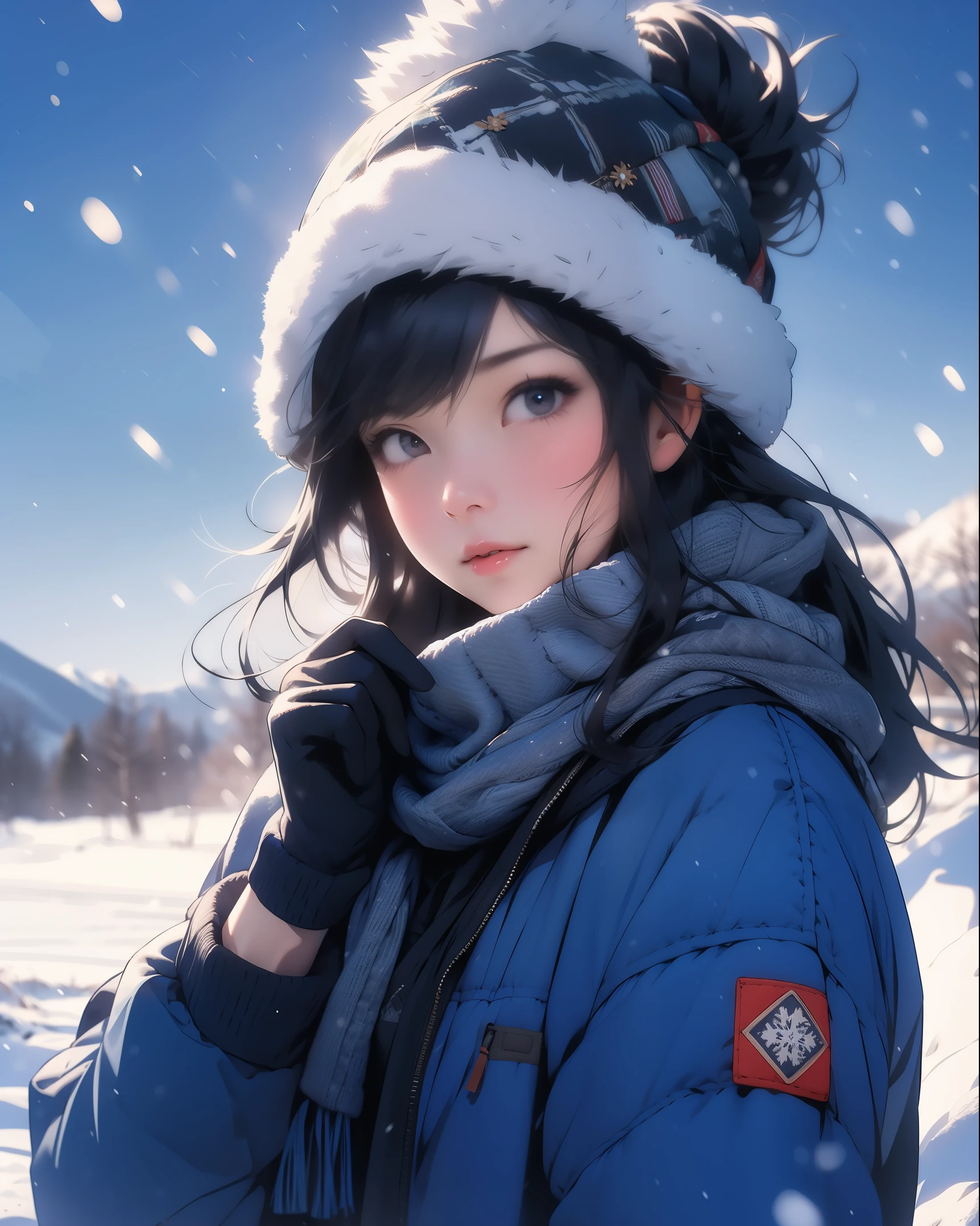 美少女,日本,雪原,寒い, 噛む,冬服, ダウンジャケット, スカーフ, 手袋,寒い冬, × フリーズ