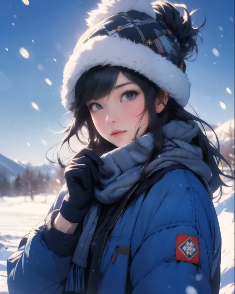 beautiful girl,Japan,snowfield,cold, bite,Winter clothes, Down jacket, Scarf, gloves,cold冬, × Freeze
