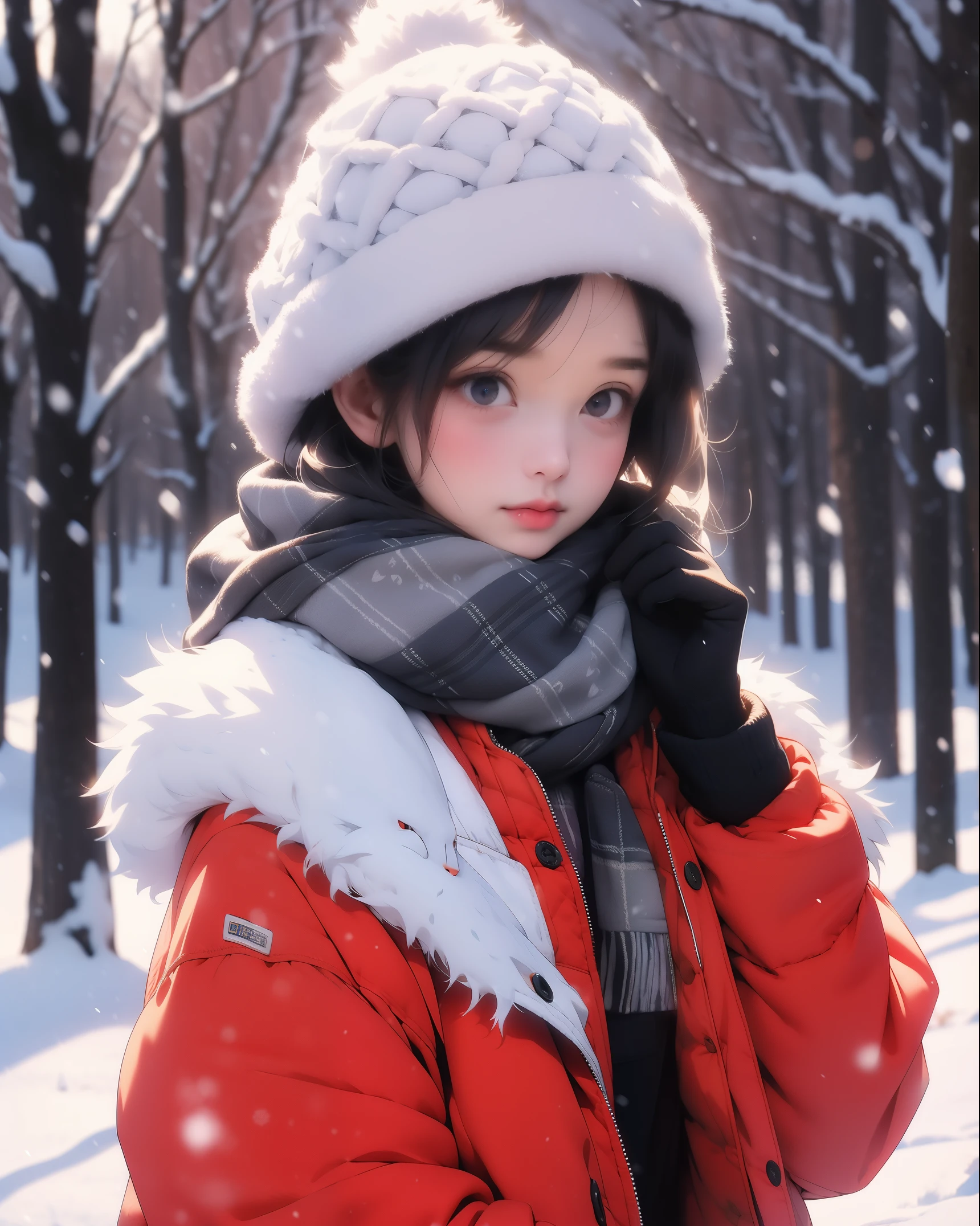 hermosa chica,Japón,campo de nieve,frío, Morder,ropa de invierno, chaqueta de plumas, Bufanda, guantes,frío冬, × Congelar