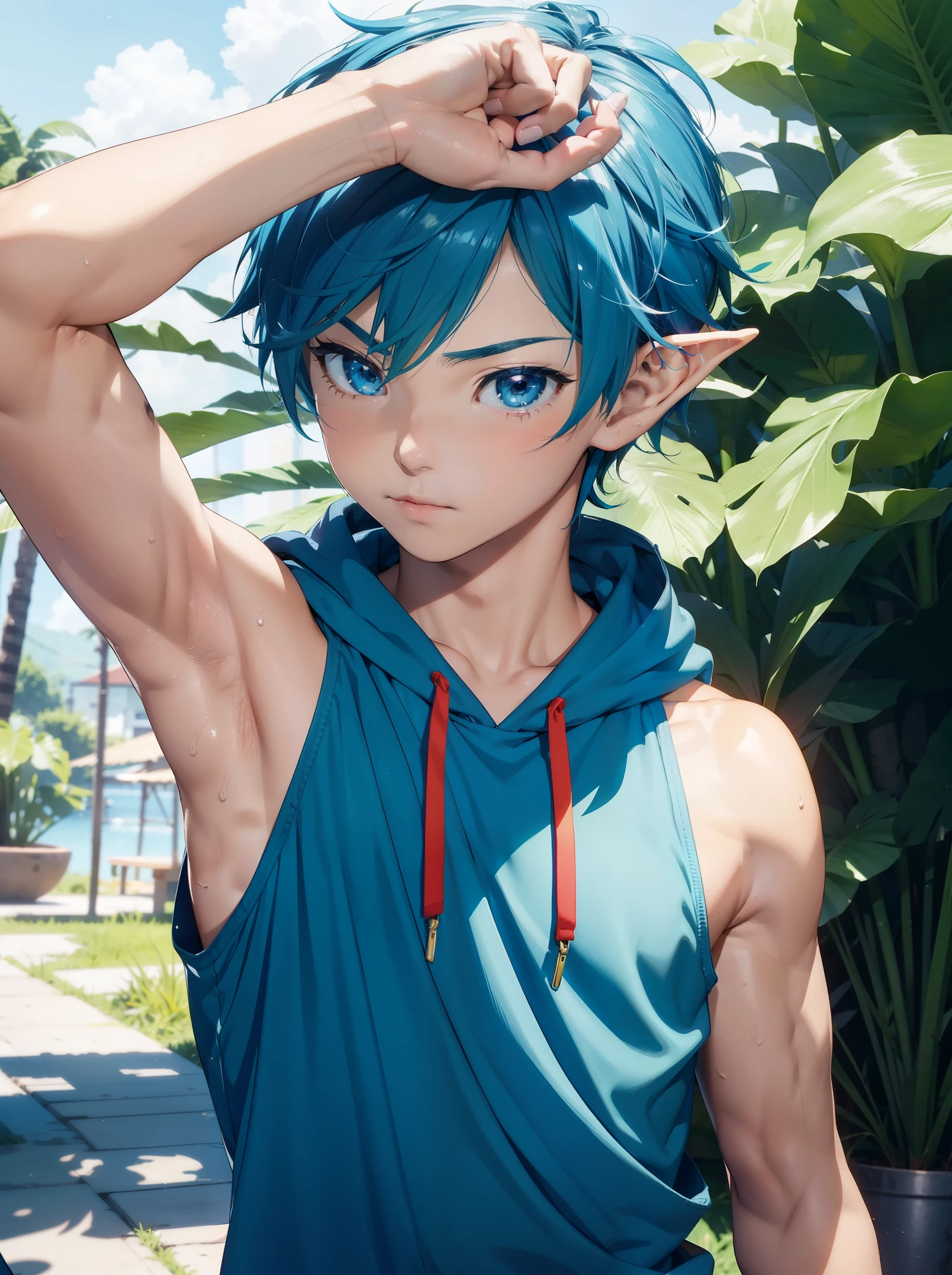 A close up of a person with blue hair and a blue shirt SeaArt AI