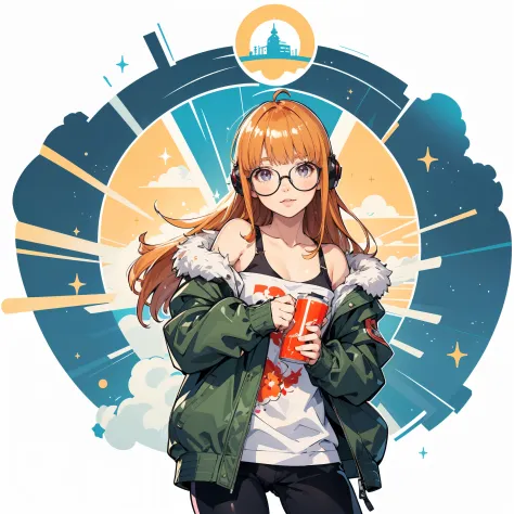 muste piece, best quality, High resolution, 1 girl, futaba sakura, blunt bangs, glassesの, black frame eyewear, Ahoge,orange hair...