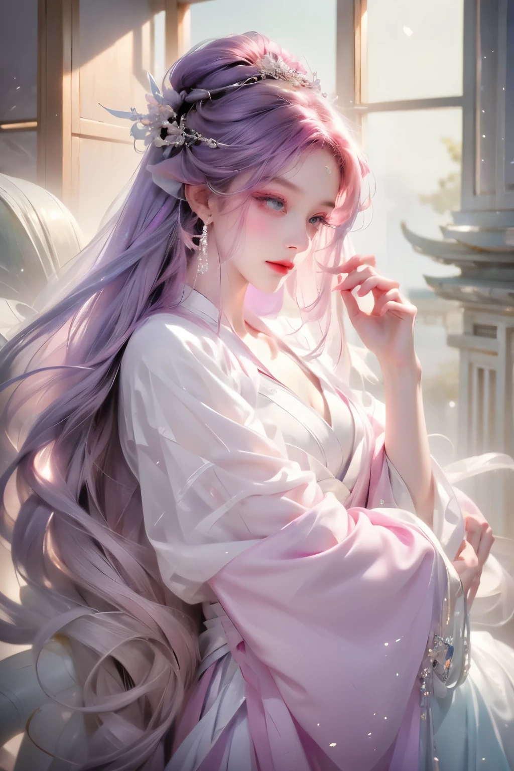 Close-up of a woman wearing a purple dress and tiara, beautiful fantasy queen, ((beautiful fantasy queen)), Inspired by Lan Ying, Inspired by Qiu Ying, palace ， A girl wearing Hanfu, Queen of China, chinese princess, Inspired by Huang Ji, Inspired by Ma Yuanyu, beautiful figure painting, full body xianxia surreal, Very detailed, and a high-resolution 16k image of a young man, Beautiful female ghost or patron saint. She has light pink hair and translucent skin, The image captures the ethereal beauty and mystery of the world. Style inspired by sophistication, Soft aesthetics in traditional Chinese art.
