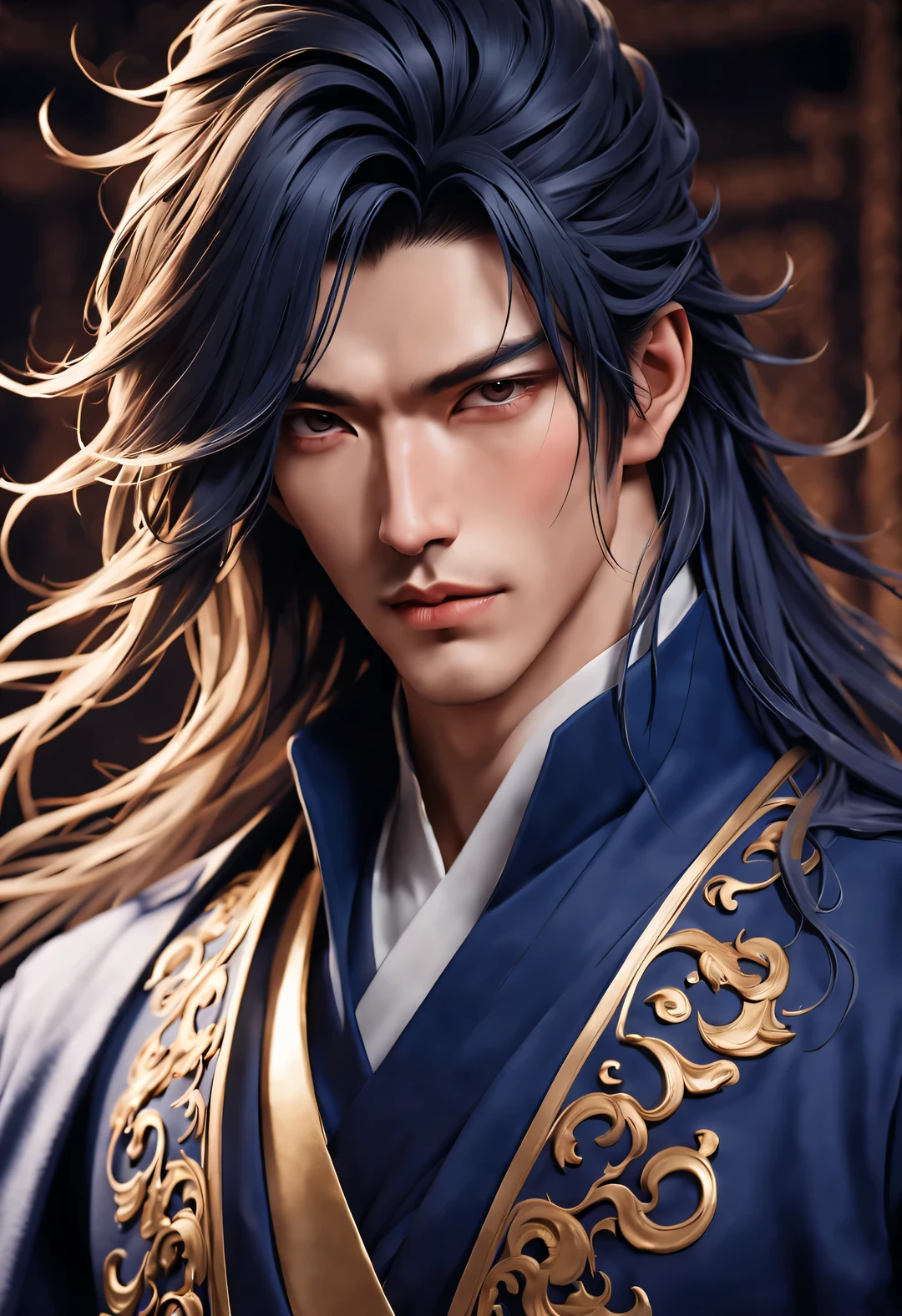 (design de personagem masculino), foto de meio corpo, olhando para a câmera,
(Homem bonito chinês Lan Ling Wang Gao Changgong), (bagunçado, cabelo muito comprido), (Vestindo um casaco de lã azul marinho), Sua pele é clara e delicada, Ele parece um virgem, Seus lábios são vermelhos como cinábrio, A ponte do nariz é alta e reta, Seus olhos são profundos, Mas há um espírito heróico extraordinário entre as sobrancelhas. Ele tem uma figura esbelta, E suas linhas musculares são lindas, Como uma escultura perfeita. Seus dedos eram delgados e poderosos, (Metade de seu rosto é coberta por uma magnífica máscara azul-dourada), Seu personagem é corajoso e bonito, Como uma mulher, Seja corajoso e decisivo. Há uma ternura e um calor indescritíveis no fundo de seu coração, lealdade (Inspirado pelo ator chinês Zhu Shimao), Surrealismo, alta definição, alta qualidade, alta definição analysis, 16k,