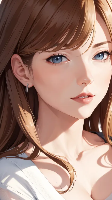 (best quality, highres), cool adult woman, elegant, long hair, swept-side bang, [[brown hair]], blonde hair, white shirt, cleavage, brown eyes, inside house, detailed facial features, confident pose, vibrant colors, (close-up of face:1.3)