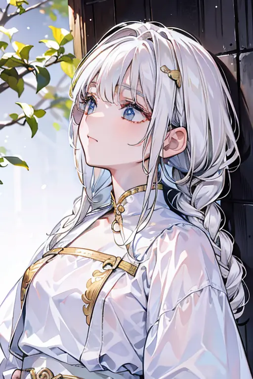 best quality, masterpiece,white hair, gold eyes,white clothes, looking up, upper body,hair strand,Fair skin,side braids