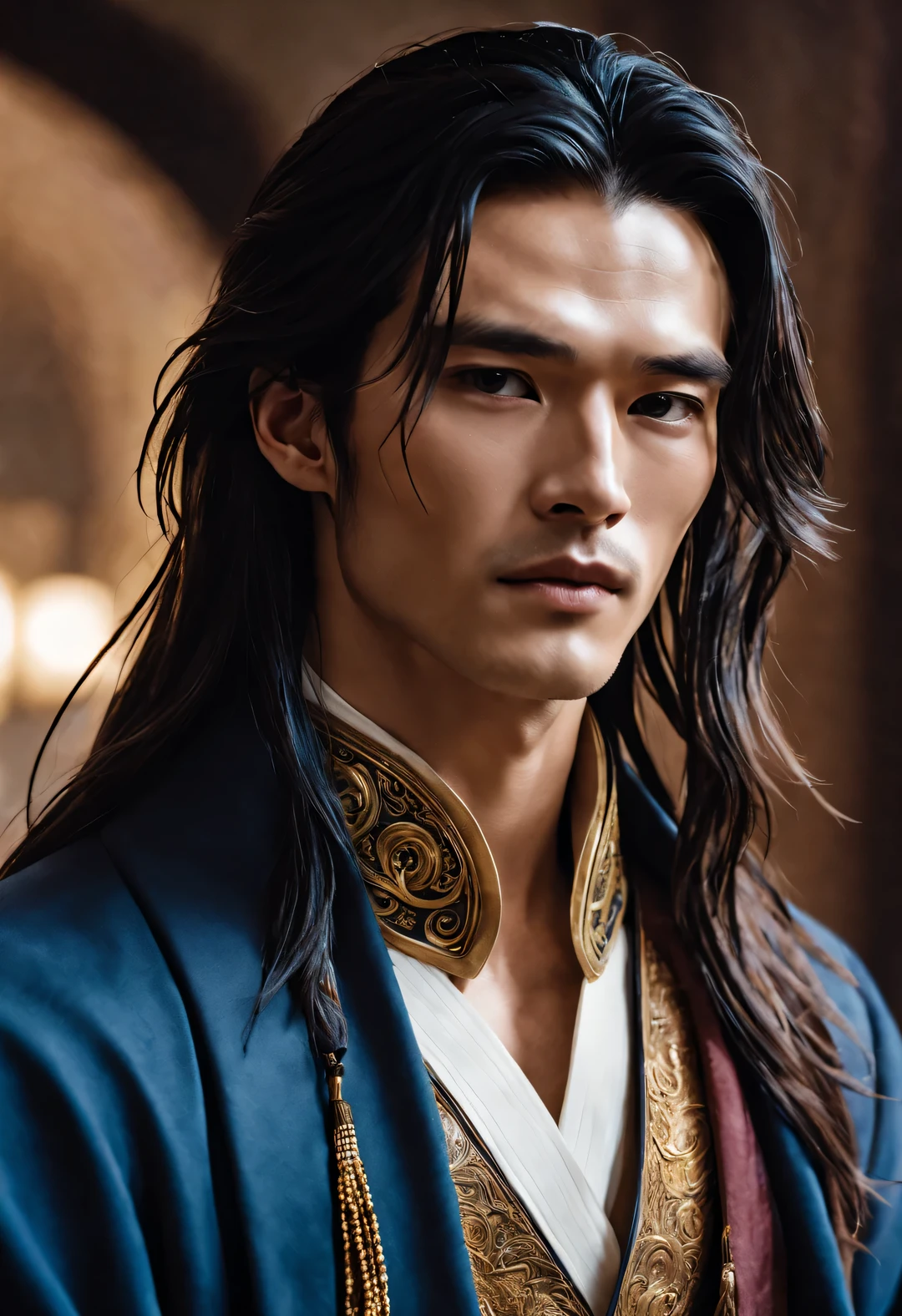 (male character design), Half body photo, Staring at the camera,
(Chinese handsome guy, King Lanling, high and arched), (messy, very long hair), (Wearing a navy blue woolen coat), Fair and delicate skin, looks like a virgin, Lips as red as vermilion, high nose bridge, deep eyes, There is an extraordinary heroic spirit between his eyebrows. He has a slender figure, Has beautiful muscle lines, like a perfect sculpture. His fingers are long and strong (Half of his face is covered with an ornate blue and gold mask), His character is brave and beautiful, like a woman, Be brave and decisive. There is an indescribable tenderness and warmth deep in his heart, loyalty (Inspired by actor Marlon Brando), Surrealism, HD, high quality, HD analysis, 16k,