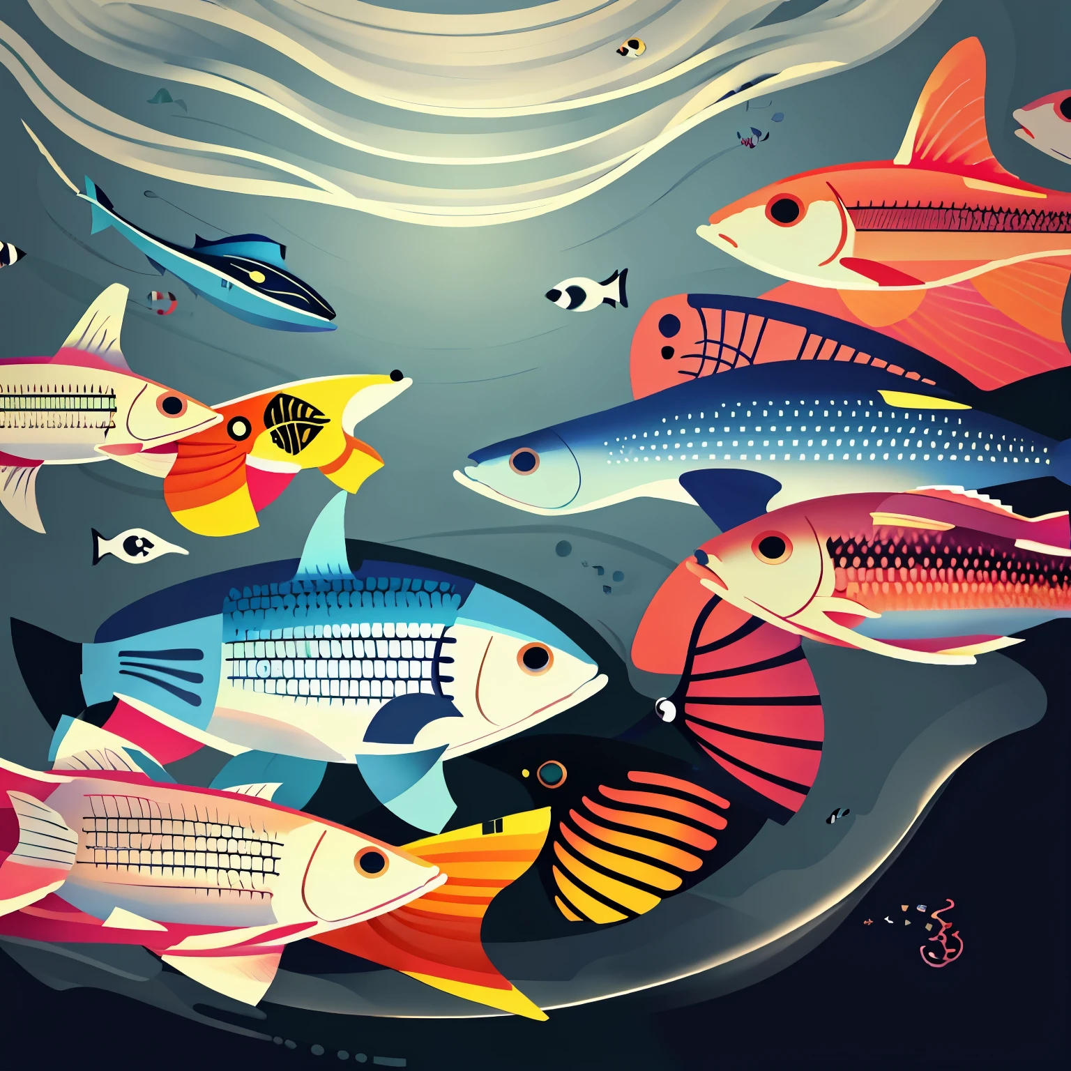 there are many fish swimming in a line together, fish swimming, fish swimming, school of fish, linear graph, fish, fish swimming around, Fish Beach, A group of fish, Fish, fish in the background, Fish, Draw with single line, see fish swimming, One stroke, One stroke, 鲨fish