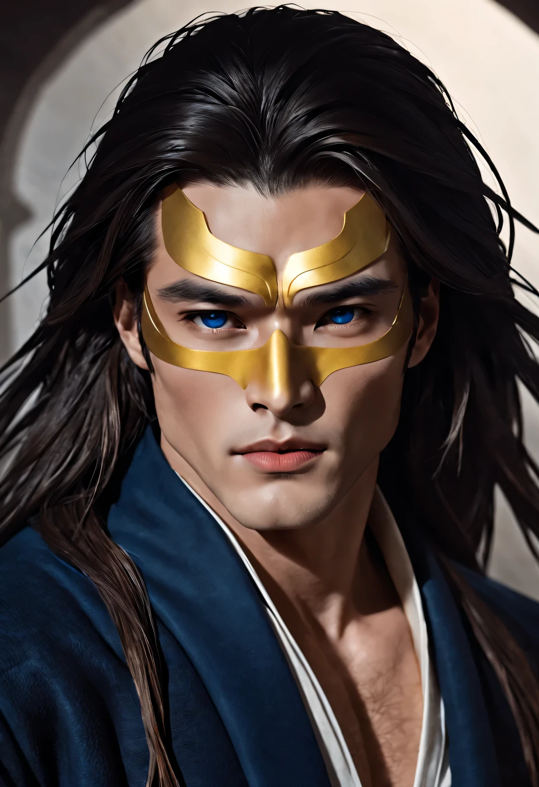 (male character design), Half body photo, Staring at the camera,
(Chinese handsome guy, King Lanling, high and arched), (messy, very long hair), (Wearing a navy blue woolen coat), Fair and delicate skin, looks like a virgin, Lips as red as vermilion, high nose bridge, deep eyes, There is an extraordinary heroic spirit between his eyebrows. He has a slender figure, Has beautiful muscle lines, like a perfect sculpture. His fingers are long and strong (Half of his face is covered with an ornate blue and gold mask), His character is brave and beautiful, like a woman, Be brave and decisive. There is an indescribable tenderness and warmth deep in his heart, loyalty (Inspired by actor Marlon Brando), Surrealism, HD, high quality, HD analysis, 16k,