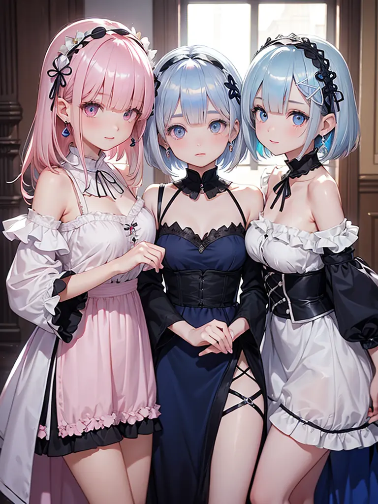 3girls, multiple girls, looking at viewer, indoors, jewelry, bangs, dress, earrings, nice detailing, glowing eyes, nice backgrou...