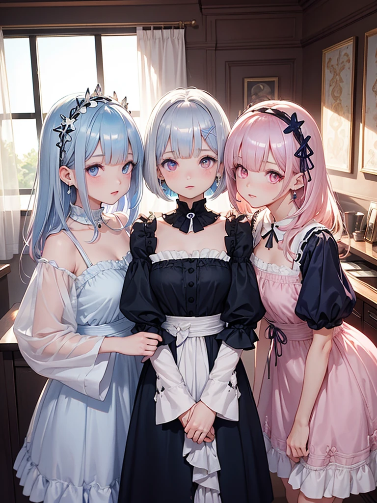 3girls, multiple girls, looking at viewer, indoors, jewelry, bangs, dress, earrings, nice detailing, glowing eyes, nice background,
masterpiece, best quality, ultra-detailed, 
re zero (rem(short hair,blue hair)and ram(pink hair, Short hair)and emiria(silver hair, long hair)),