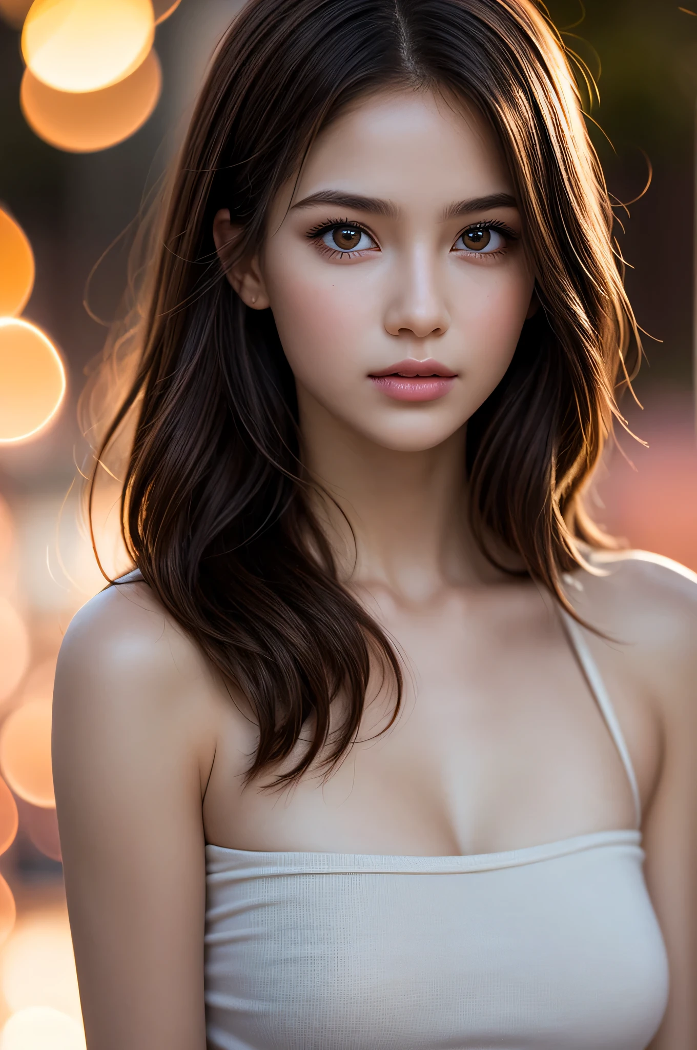 (best quality), (ultra-detailed), (llustration), (detailed light), (an extremely delicate and beautiful), 1young girl, brown hair, brown eyes, model, bare shoulders, best quality, extremely detailed CG unified 8k wallpaper, High-definition raw color photos, professional photograpy, (((Bokeh))), depth of fields, twilight, sunset,