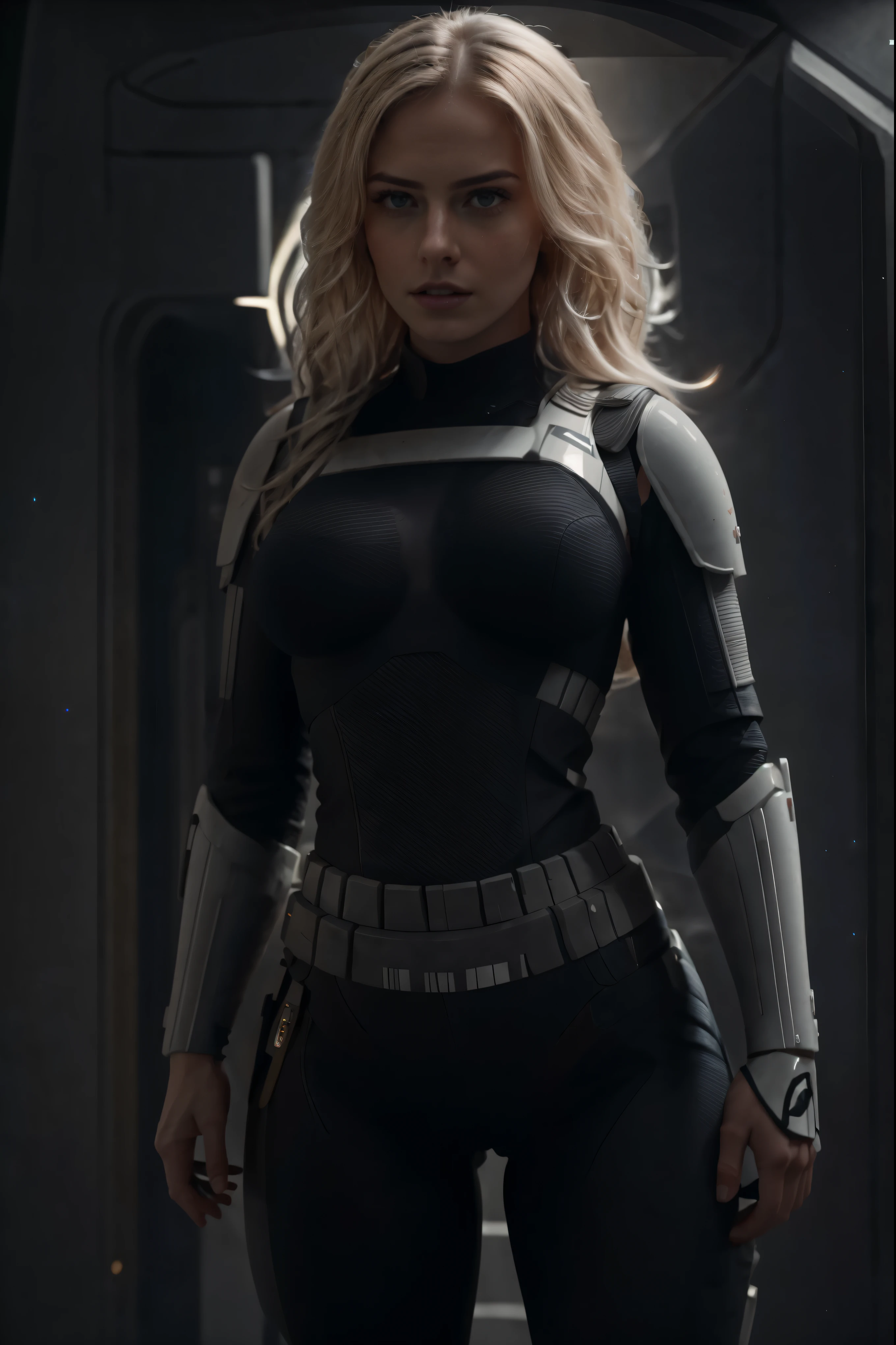 il y a une belle femme blonde aux gros seins épais dans une armure noire sexy de stormtrooper de Star Wars, voluptueux , Image corporelle complète, jambes longues, petite taille, Visage avec taches de rousseur, longs cheveux blonds dorés, yeux bleus, grosses lèvres, pose sexy, fesses rondes, Membre d’équipage futuriste du vaisseau spatial, Personnage féminin solo, Hyper réaliste Sci Fi Réaliste, cinématique très détaillée, personnage féminin de science-fiction, 8 k de détails et complexes, Femme de science-fiction, portrait vfx très détaillé de, science-fiction très détaillée