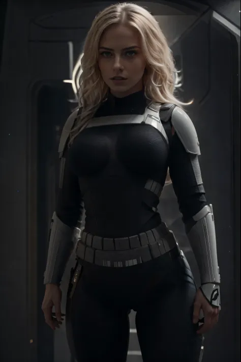 il y a une belle femme blonde aux gros seins épais dans une armure noire sexy de stormtrooper de Star Wars, voluptueux , Image c...