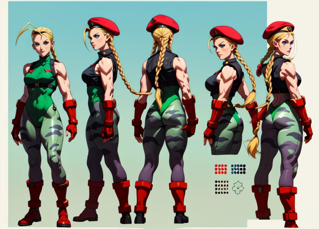 masterpiece, best quality, highres, 1girl, cammy white, twin braids, long hair, blonde hair, antenna hair, beret, (red headwear:1.3), blue eyes, scar on cheek, green leotard, large breasts, sleeveless, red gloves, fingerless gloves, camouflage, cowboy shot, standing, outdoors, arms at sides, straight-on, ((character sheet:1.5, turnaround))
