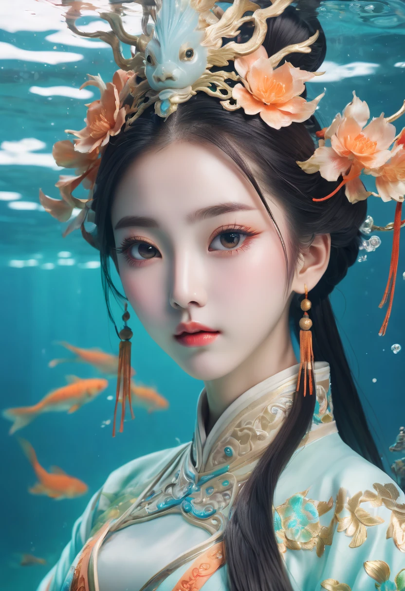 아름다운 중국 여자，수중 사진,그의 머리와 반신 사진, 중국 당나라 의상을 입고， 무지개 빛깔의 옷,  흰 바탕,