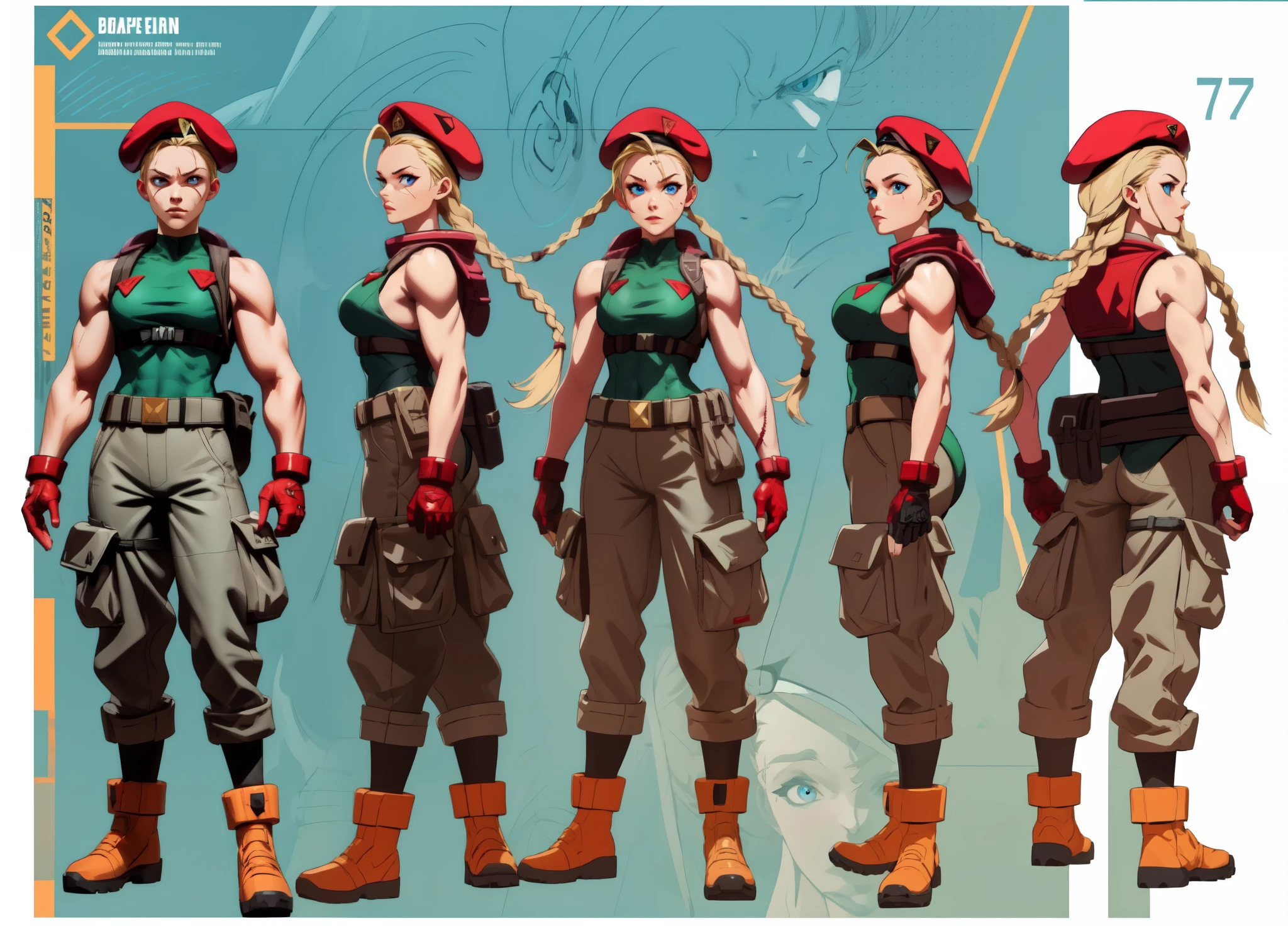 masterpiece, best quality, highres, 1girl, cammy white, twin braids, long hair, blonde hair, antenna hair, beret, (red headwear:1.3), blue eyes, scar on cheek, green leotard, large breasts, sleeveless, red gloves, fingerless gloves, camouflage, cowboy shot, standing, outdoors, arms at sides, straight-on, ((character sheet:1.7, turnaround))