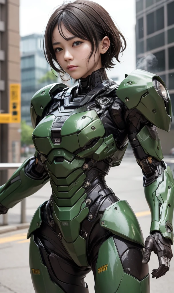 rough skin, Super detailed, advanced details, high quality, 最high quality, High resolution, 1080P, hard disk, beautiful,(War Machine),Beautiful cyborg woman,Dark Green Mecha Cyborg Girl,In combat,Mecha body girl,、Elementary school girl　　very short hair、sweaty brown eyes、sweaty face、embarrassed look　Geek Face　sober　black hair　((steam from head)) Glasses