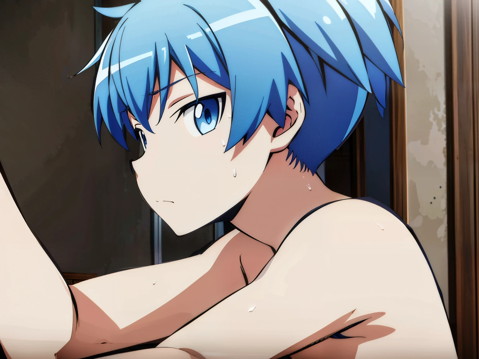 Anime image of a woman with blue hair and a blue shirt - SeaArt AI