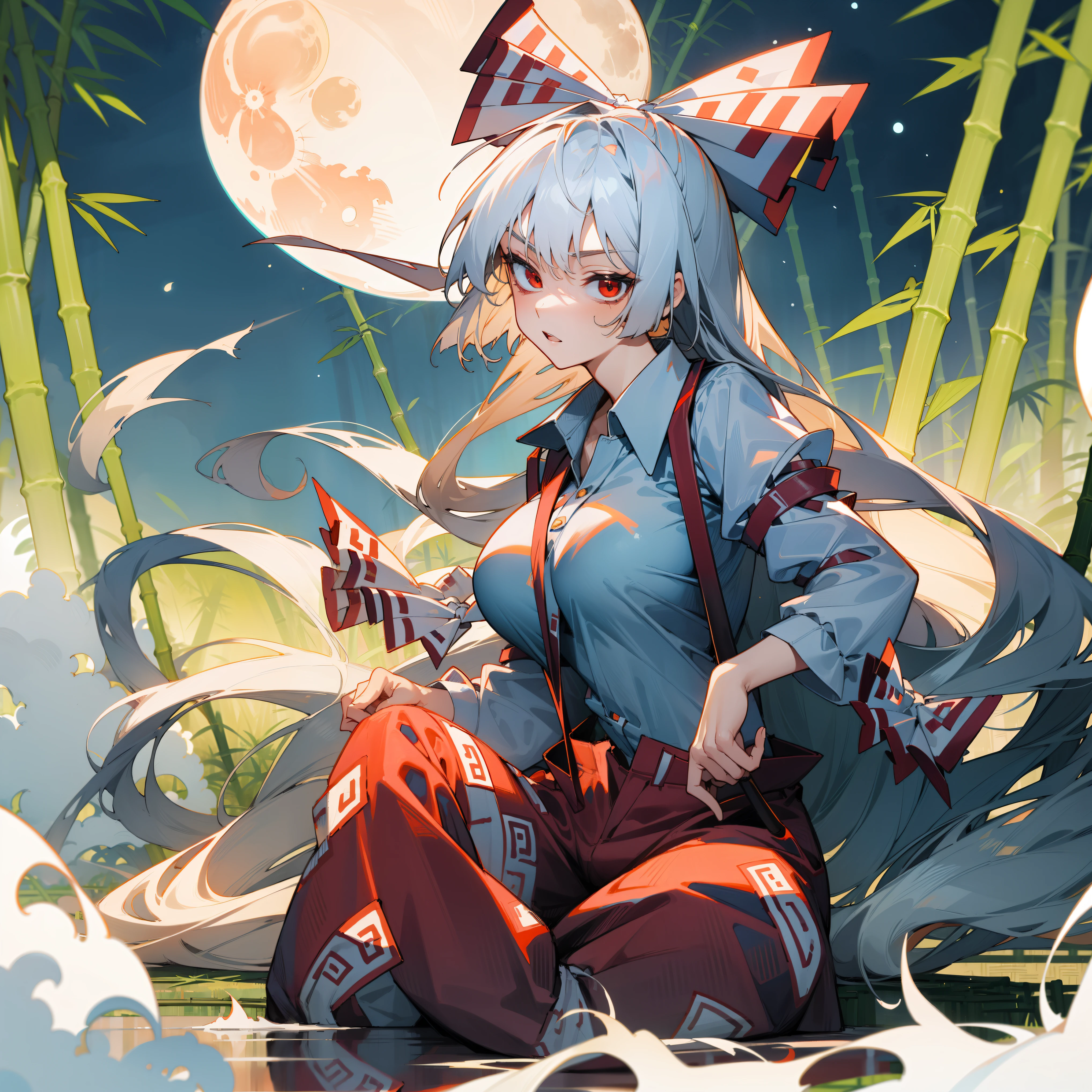 Fujiwara no Mokou(from Touhou) in bamboo forest. She has big tits. She has white hair, red eyes.  She's wearing a white shirt, sit, night, moon, hair ribbons, stay