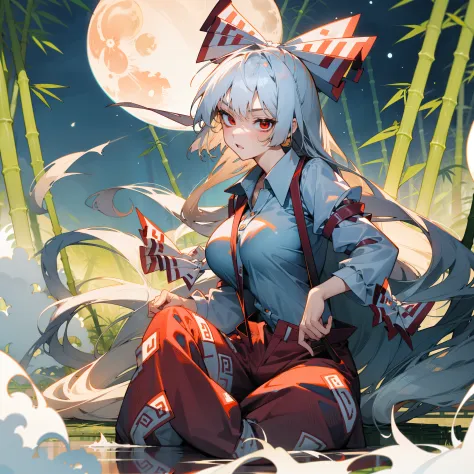 fujiwara no mokou(from touhou) in bamboo forest. she has big tits. she has white hair, red eyes.  she's wearing a white shirt, s...