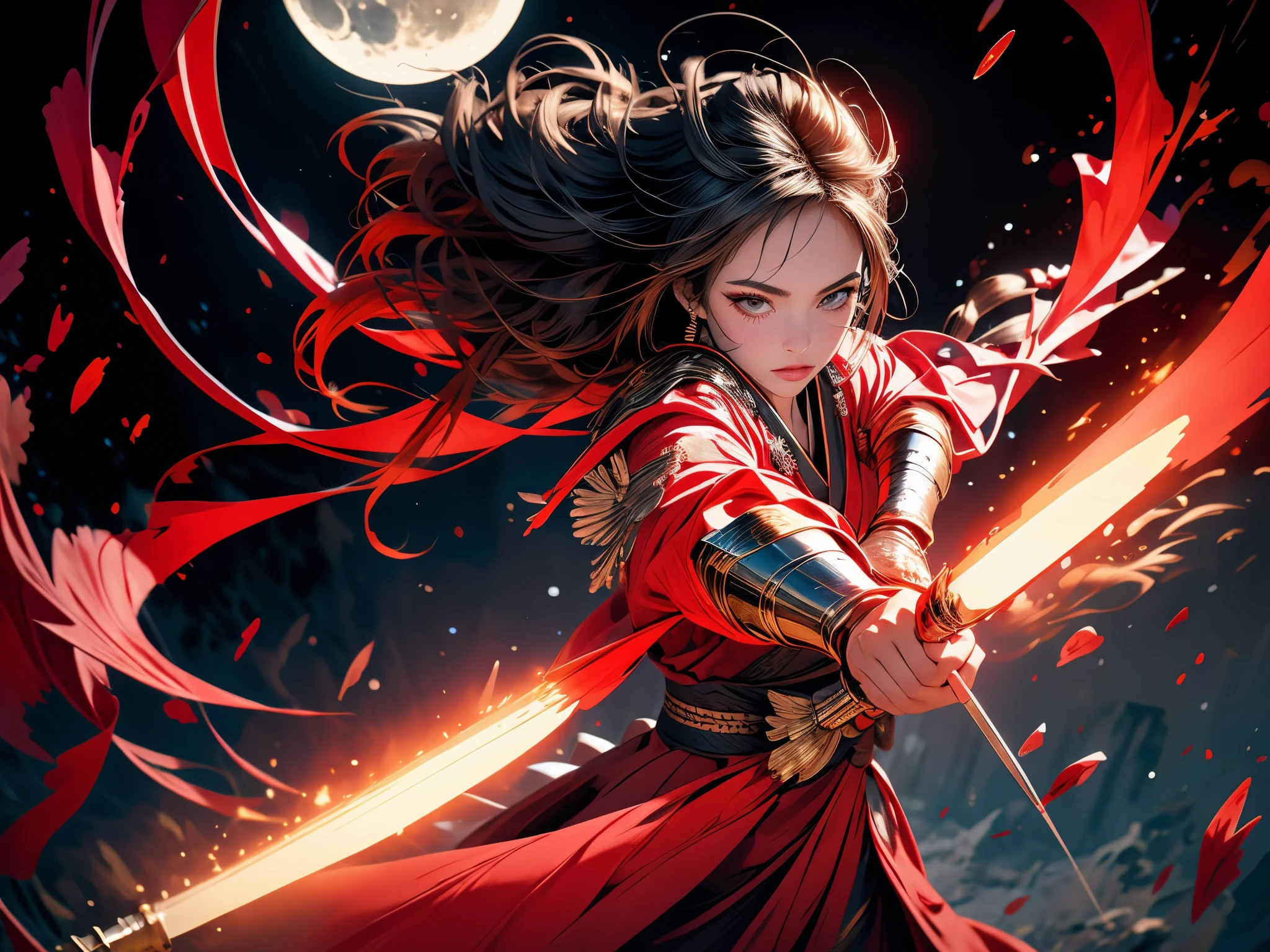 masterpiece, best quality, Valkyrie in red kimono, cloth flowing in air, moon, northern grassland, SFW