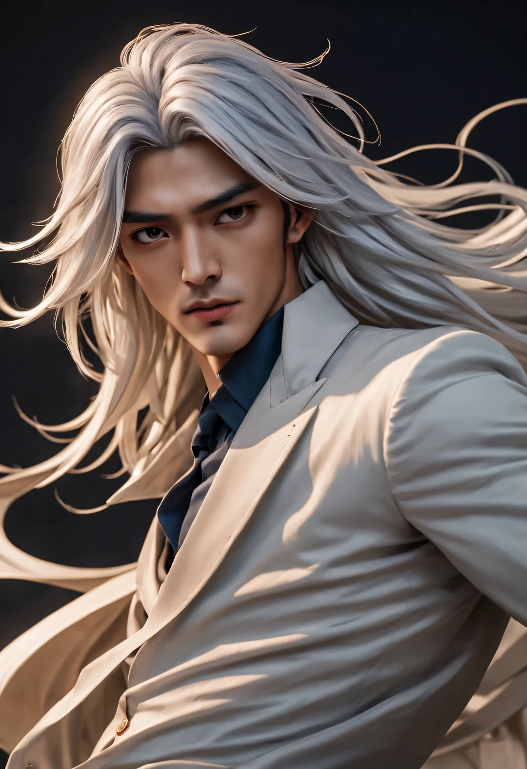 (male character design), Half body photo, Staring at the camera,
(Chinese handsome man Gao Changgong, Prince of Lanling, in front of the computer), (Messy and long white hair: 1.2), Have a perfect figure, Wearing a stylish long navy blue trench coat, Fair and delicate skin, looks like a virgin, Lips as red as vermilion, high nose bridge, deep eyes, But there is an extraordinary heroic spirit between his eyebrows. He has a slender figure, Has beautiful muscle lines, like a perfect sculpture (Half of his face is covered with an ornate blue and gold mask), His character is brave and beautiful, like a woman, Be brave and decisive. There is an indescribable tenderness and warmth deep in his heart (Inspired by American actor John Lone), Surrealism, background: Modern office, HD, high quality, HD analysis, 32k,