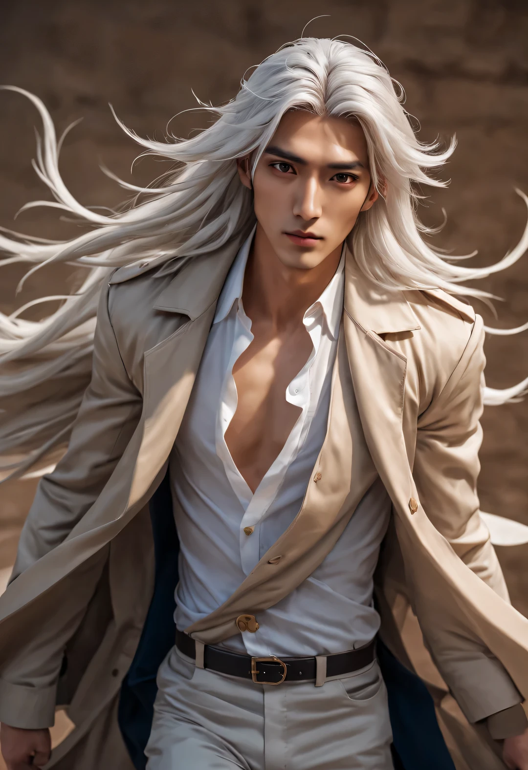 (male character design), Half body photo, Staring at the camera,
(Chinese handsome man Gao Changgong, Prince of Lanling, in front of the computer), (Messy and long white hair: 1.2), Have a perfect figure, Wearing a stylish long navy blue trench coat, Fair and delicate skin, looks like a virgin, Lips as red as vermilion, high nose bridge, deep eyes, But there is an extraordinary heroic spirit between his eyebrows. He has a slender figure, Has beautiful muscle lines, like a perfect sculpture (Half of his face is covered with an ornate blue and gold mask), His character is brave and beautiful, like a woman, Be brave and decisive. There is an indescribable tenderness and warmth deep in his heart (Inspired by American actor John Lone), Surrealism, background: Modern office, HD, high quality, HD analysis, 32k,