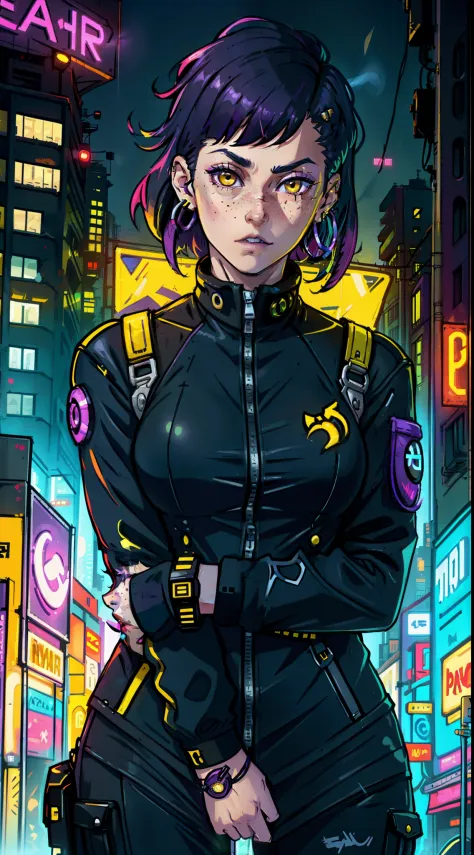 1girl,solo,colorful,yellow eyes,cyberpunk,city,peace sign,earrings,purple hair,eye patche,freckles,prothesis,mechanic,neon,beaut...