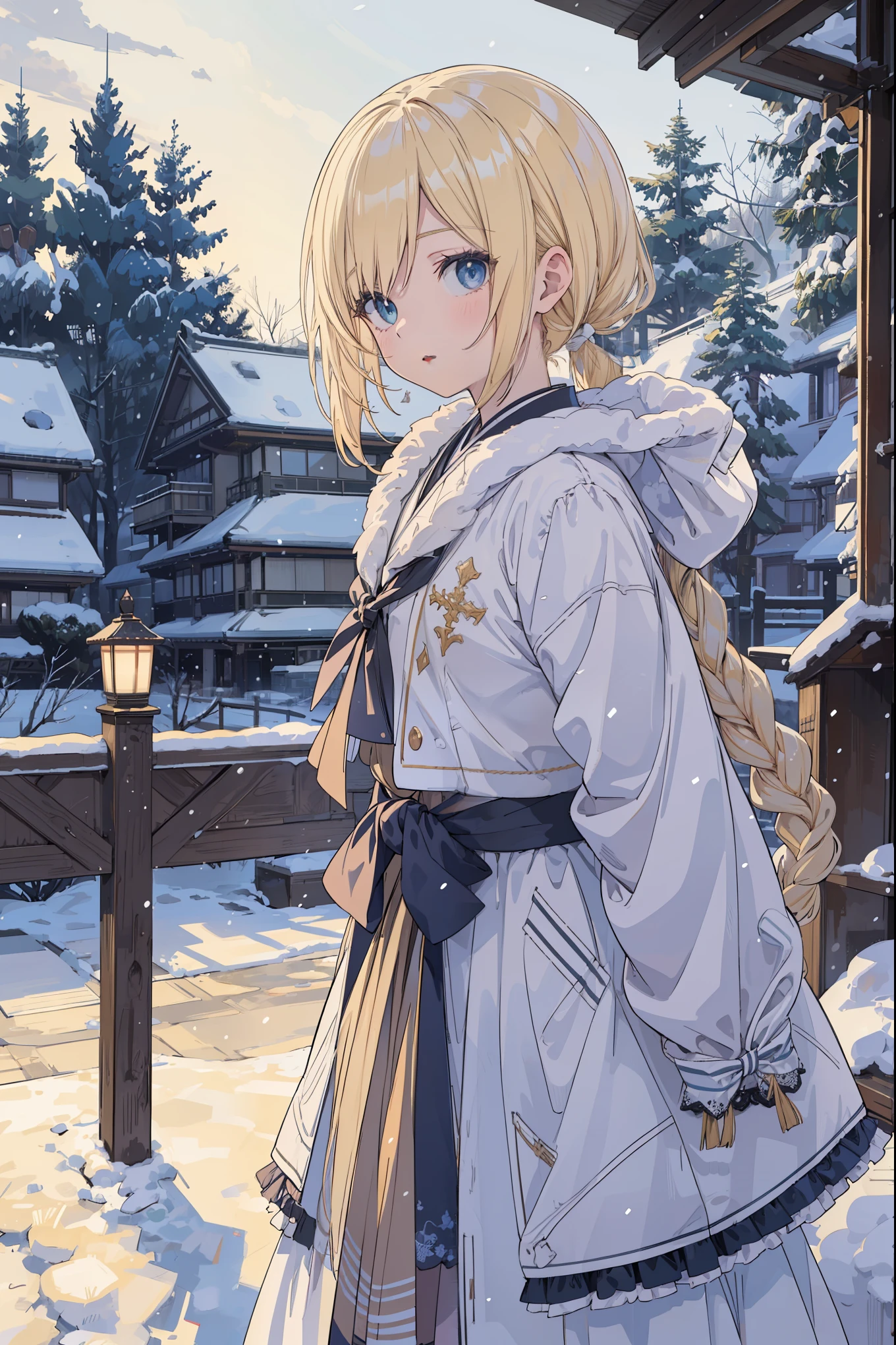 A high school girl in the style of Japanese anime illustration from 2020 with a detailed and realistic background that has depth and texture. The girl has blonde hair in a short one-length braided ponytail bob cut and wears a western long dress with a lot of frills, lace, and luxury. The theme is a formal schoolyard and the image is a portrait with contrast. The language in the image is Japanese and the romanization is English. The girl\'s eyes are realistic, complex, and detailed, and her skin texture is very fine. The girl\'s posing is instructed by a world-famous master and the image has a sense of dynamism. The girl\'s figure is a cowboy shot. The image size is 1024 x 1536 pixels. The girl is waiting for her boyfriend in the schoolyard. The girl wears a coat and the background has a winter scenery, night, and white snow. The girl is a daughter of a noble family and has a lively gesture. The girl is riding a carriage from a mansion.