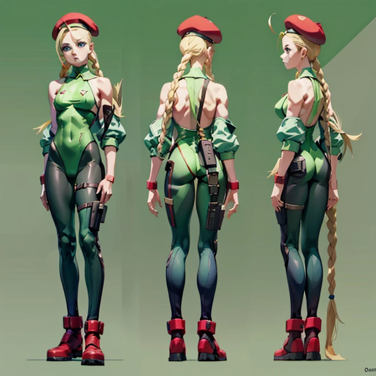 ((chara-sheet)), ((character sheet)), ((front view pose)),((side view pose)), ((back view pose)), turnaround, concept, poses, 1girl, cammy white, twin braids, long hair, blonde hair, antenna hair, beret, blue eyes, scar on cheek, green leotard, large breasts, sleeveless, red gloves, simple background