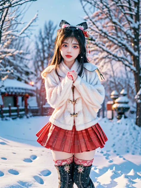 A charming and whimsical depiction of a dream girlfriend in a winter wonderland. She is dressed in a pleated mini skirt with war...